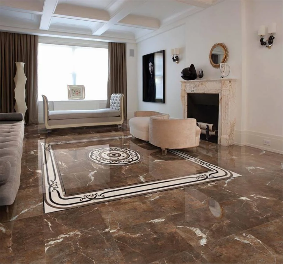 Polished brown marble floor with ornate white and black decorative medallion inlay in a formal living room