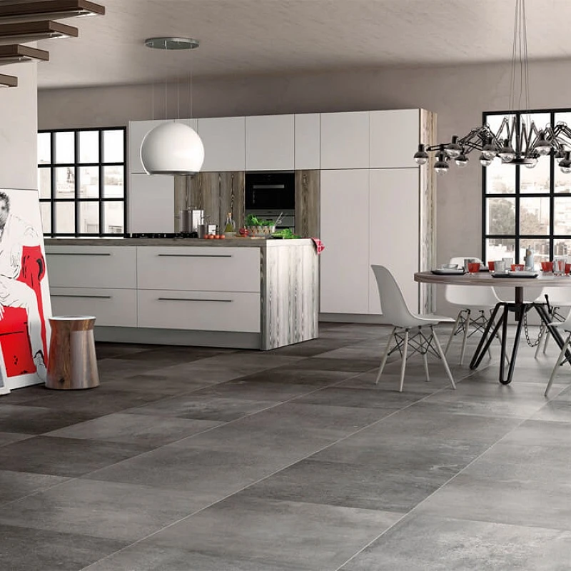 Dark concrete-look porcelain floor in a Wheat Ridge kitchen