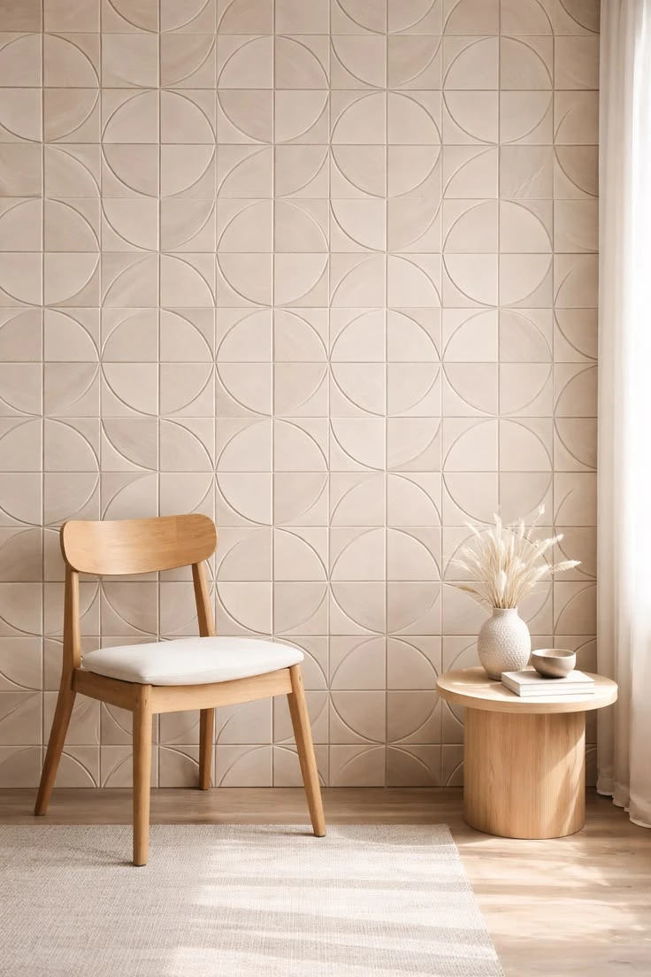 Dark gray marble-look wall and floor tiles in a modern bathroom with soaking tub and wood vanity