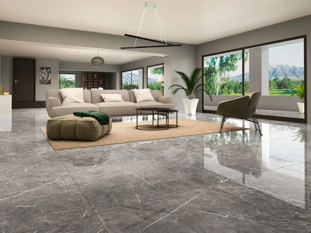 Polished large-format gray marble tile floor in a modern open-plan living room