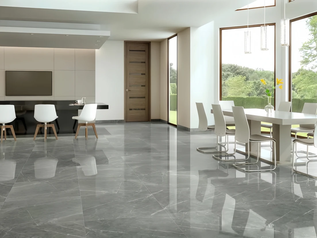 Polished gray large-format floor tile in a Wheat Ridge dining room