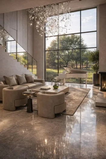 Travertine-look floor in a Golden foothills living room