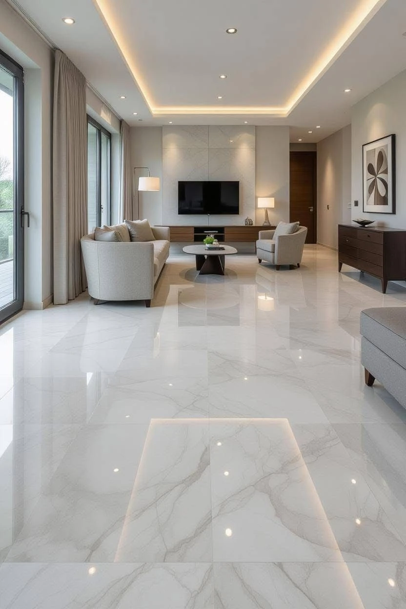 Highly polished white marble floor tiles reflecting recessed lighting in a luxury living room