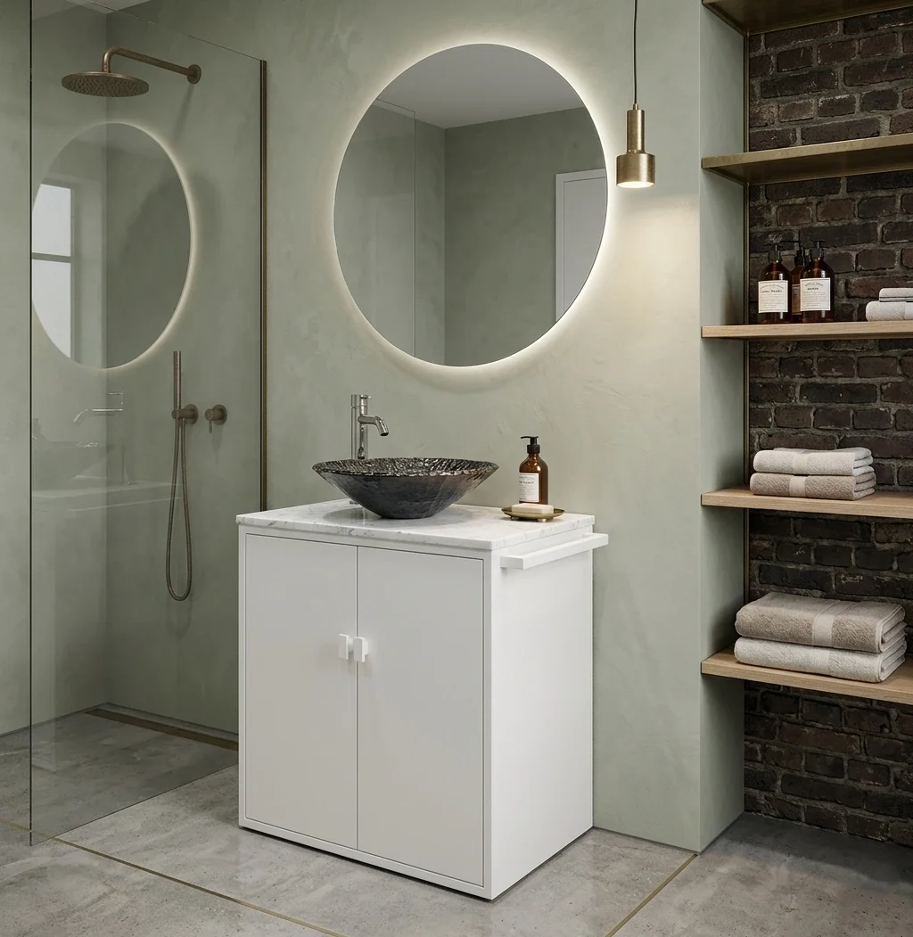 White herringbone wall tiles in a walk-in shower with matte black rain head and penny mosaic floor
